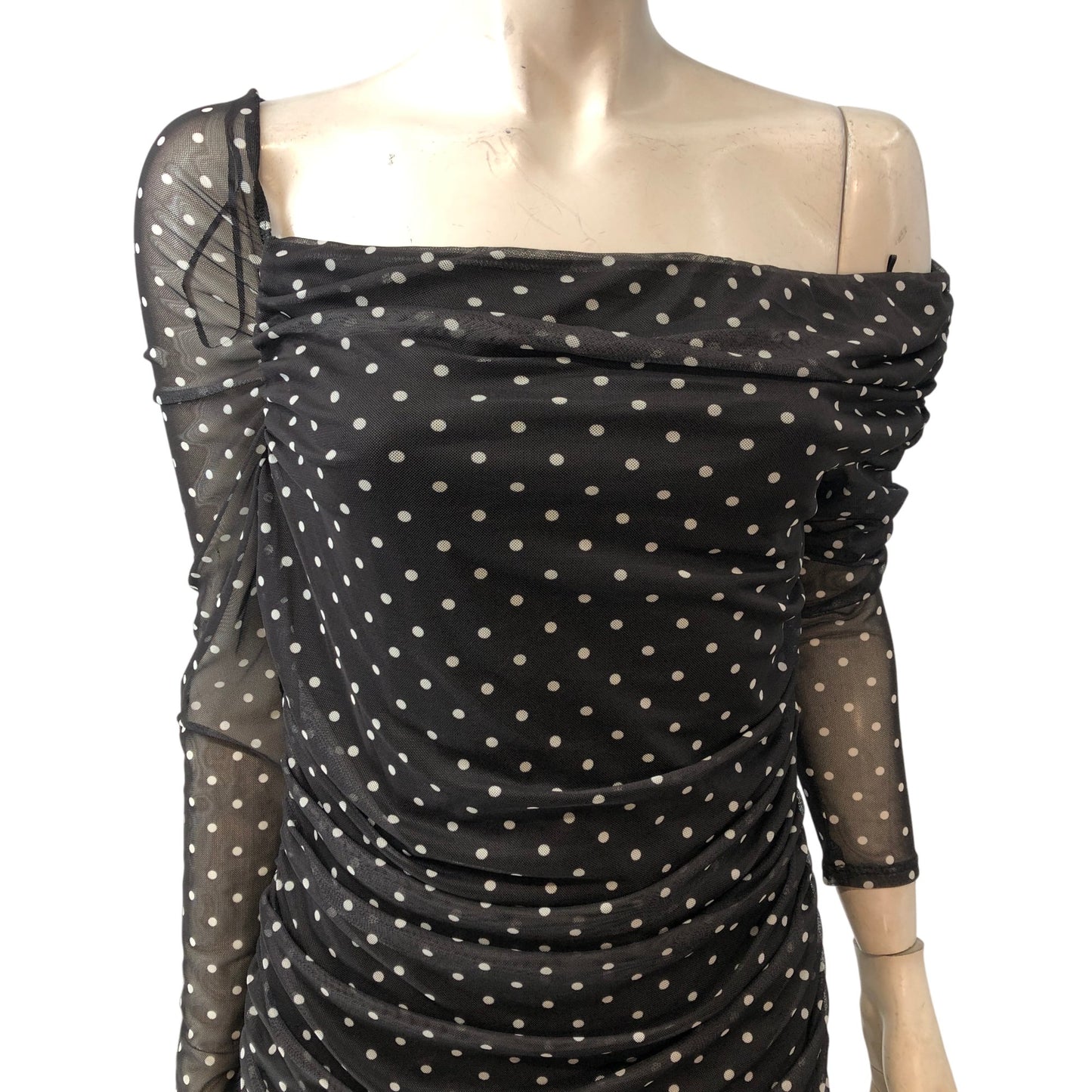 River Island UK14-16 Women's Black Polka Dot Ruched Dress Long Sleeve