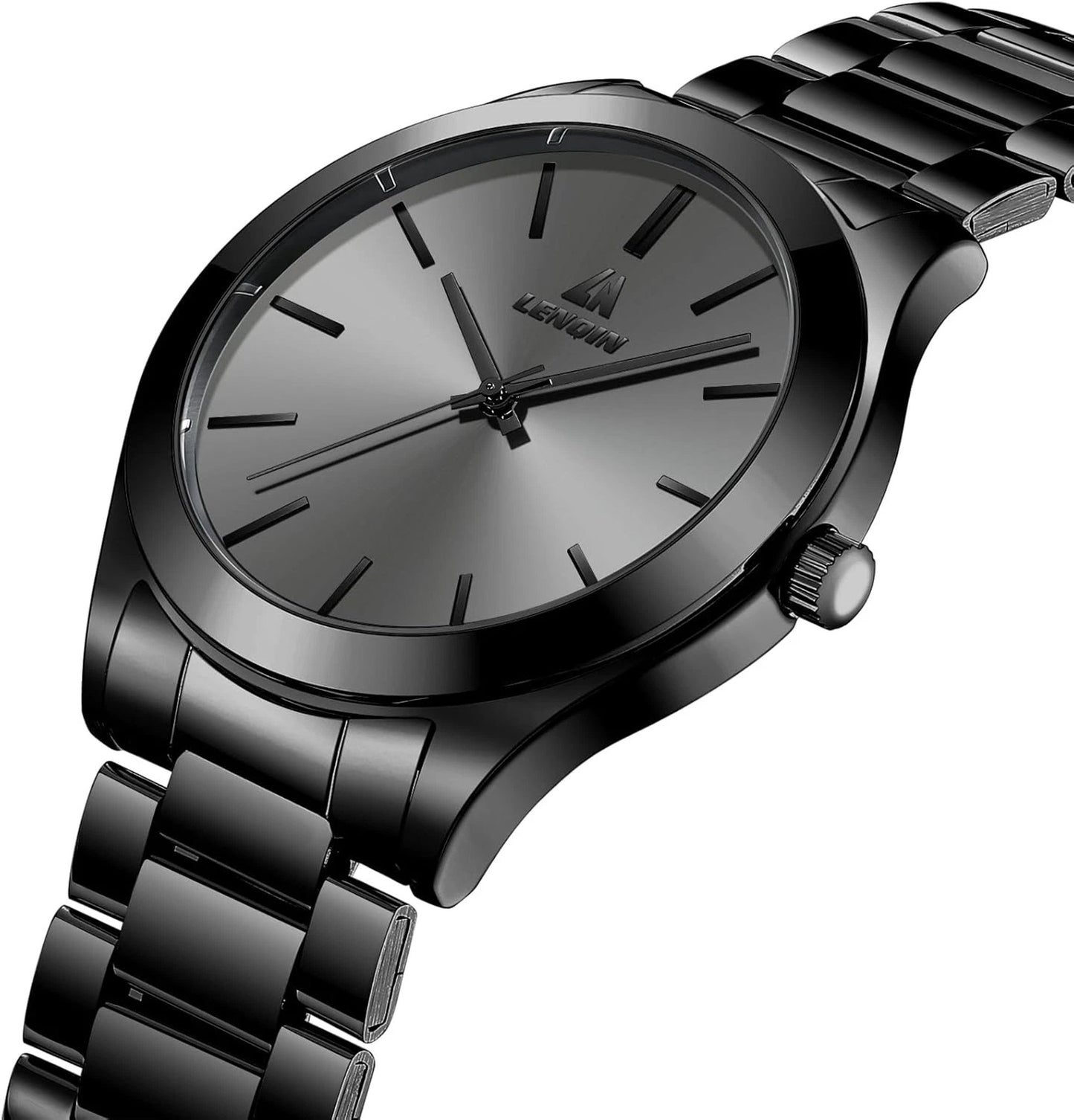 LN LENQIN Black Stainless Steel Watch Modern Quartz Men's Sports Style Band