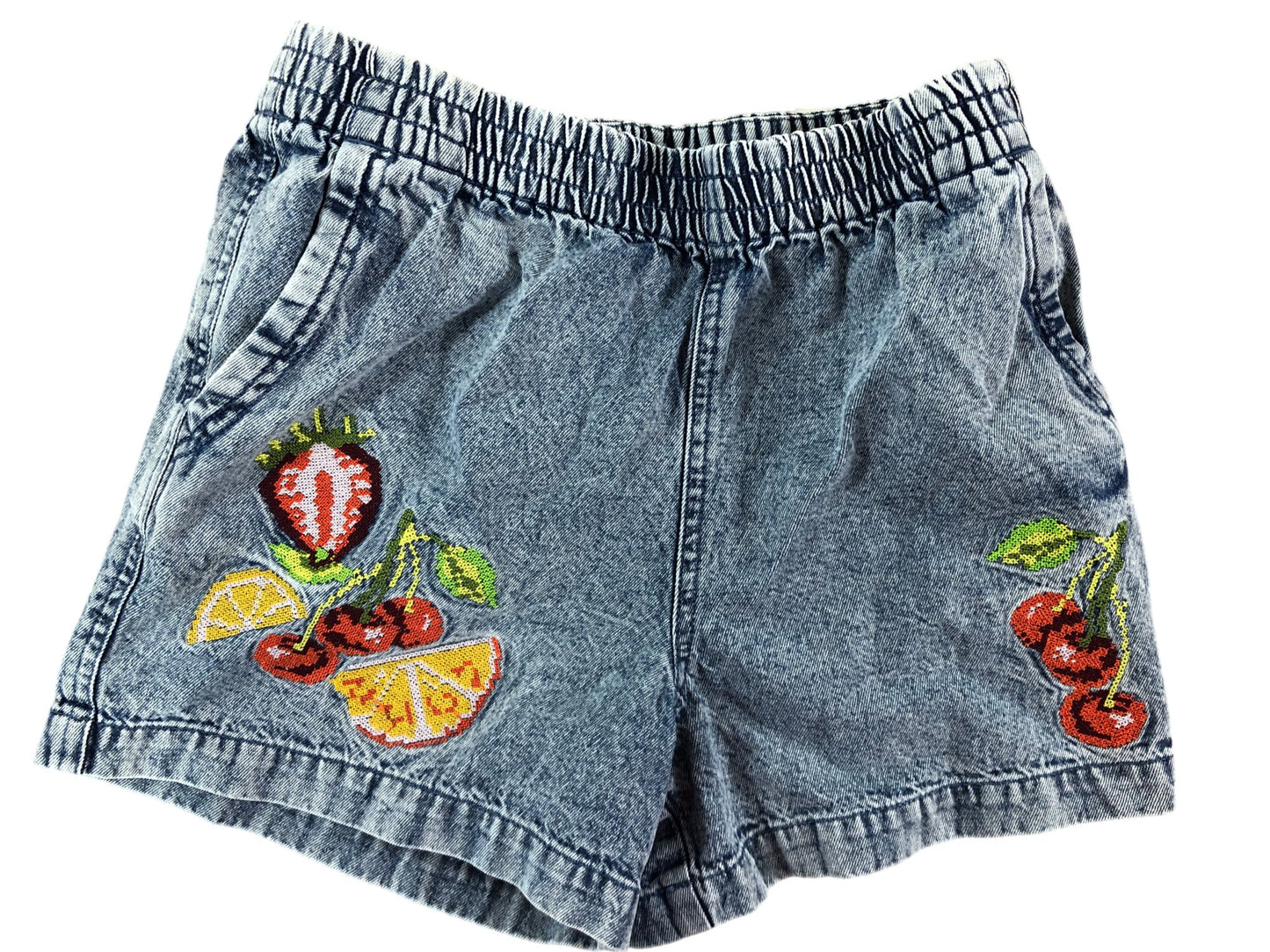 River Island Denim Shorts 9 to 10 Years Girls Fruit Embroidered Blue Cotton