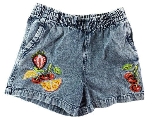River Island Denim Shorts 9 to 10 Years Girls Fruit Embroidered Blue Cotton
