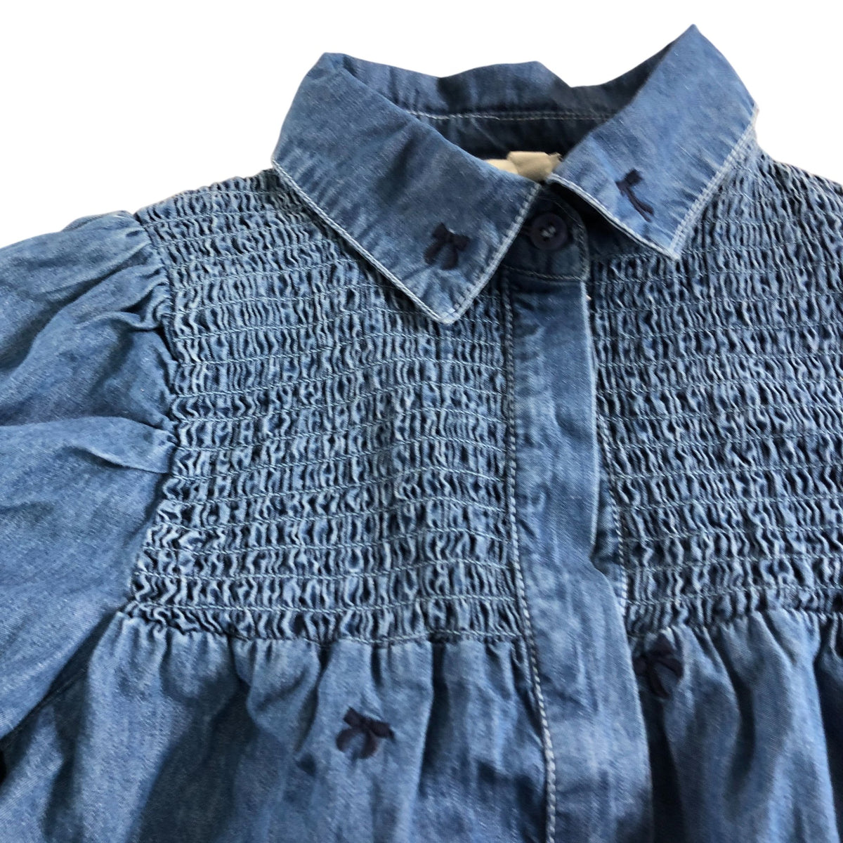 Girls Denim Shirt Age 8 Smocked Cotton Long Sleeves Embroidered