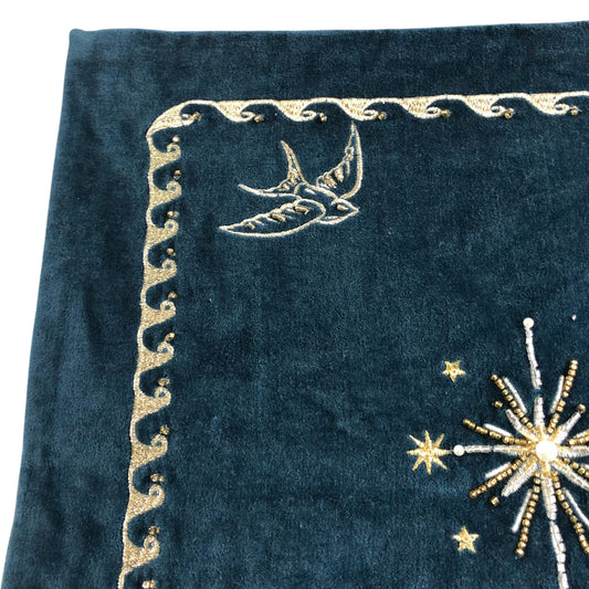 Teal Velvet Decorative Cushion Cover With Eye Design And Embroidery