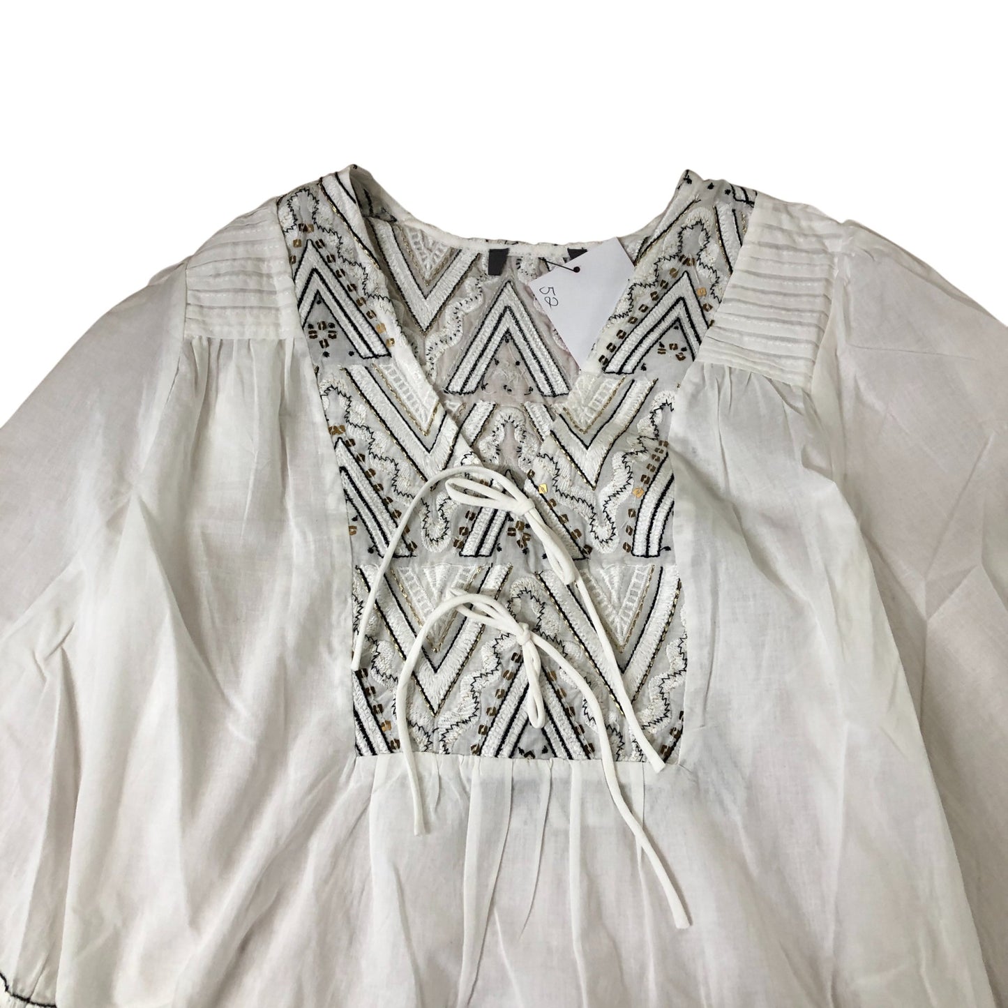 Branded Embroidered Blouse Women's White Long Sleeve Cotton Top UK6