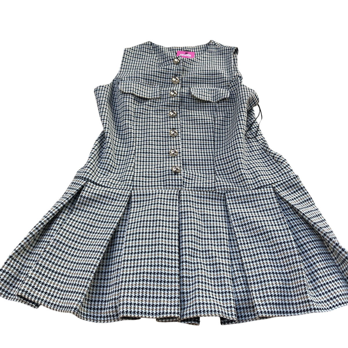 Checked Dress UK8 Women's Sleeveless Pleated Button Front Casual Style