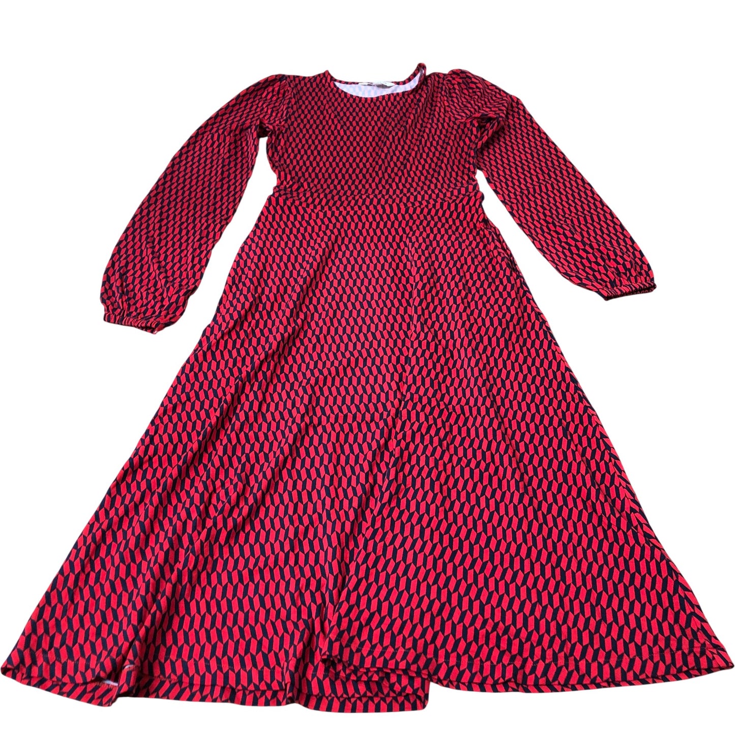Red Geometric Pattern Dress Women's Long Sleeve Swing Design UK4