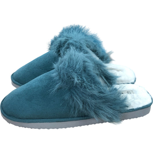 Weird Fish Ladies Light Teal Fur Slippers Size L UK7/8 Comfort Soft Sole