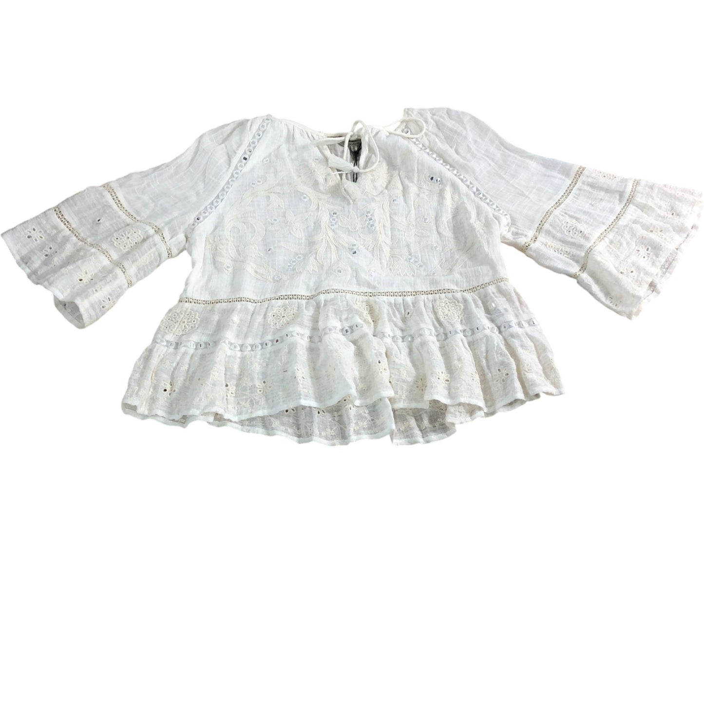 River Island Women's Blouse UK8 White Cotton Lacey Embroidered Top Romantic