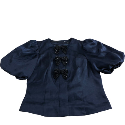 Women's Navy Blue Blouse Puff Sleeve with Beaded Bows