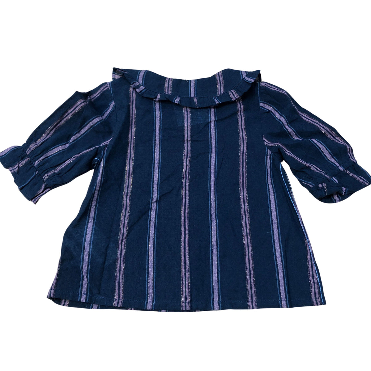 Striped Blouse Girls Cotton Blend Navy Pink Ruffle Detail