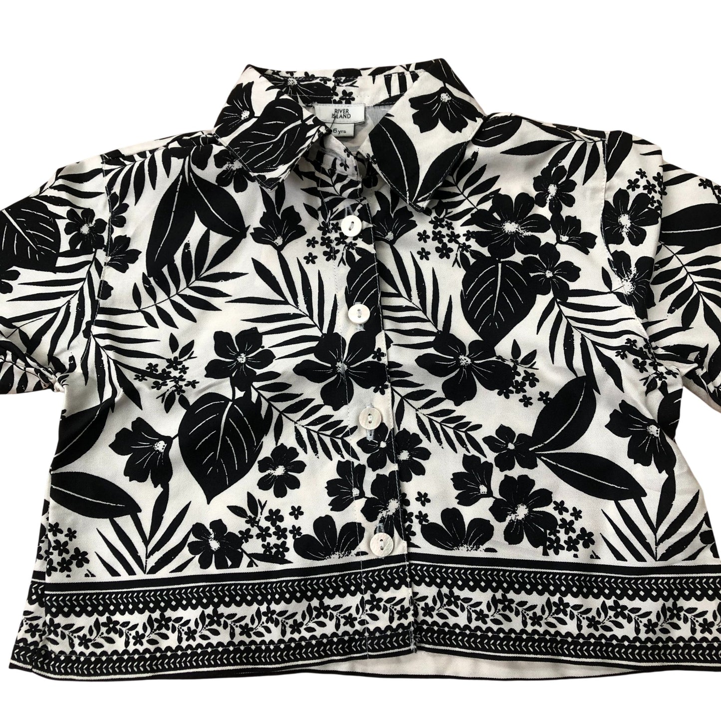 River Island Short Sleeve Tropical Shirt 100% Lyocell Black Floral Print 6 Years