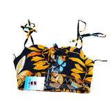 River Island Women's Floral Print Crop Top UK M Tie Straps Black Orange Beach