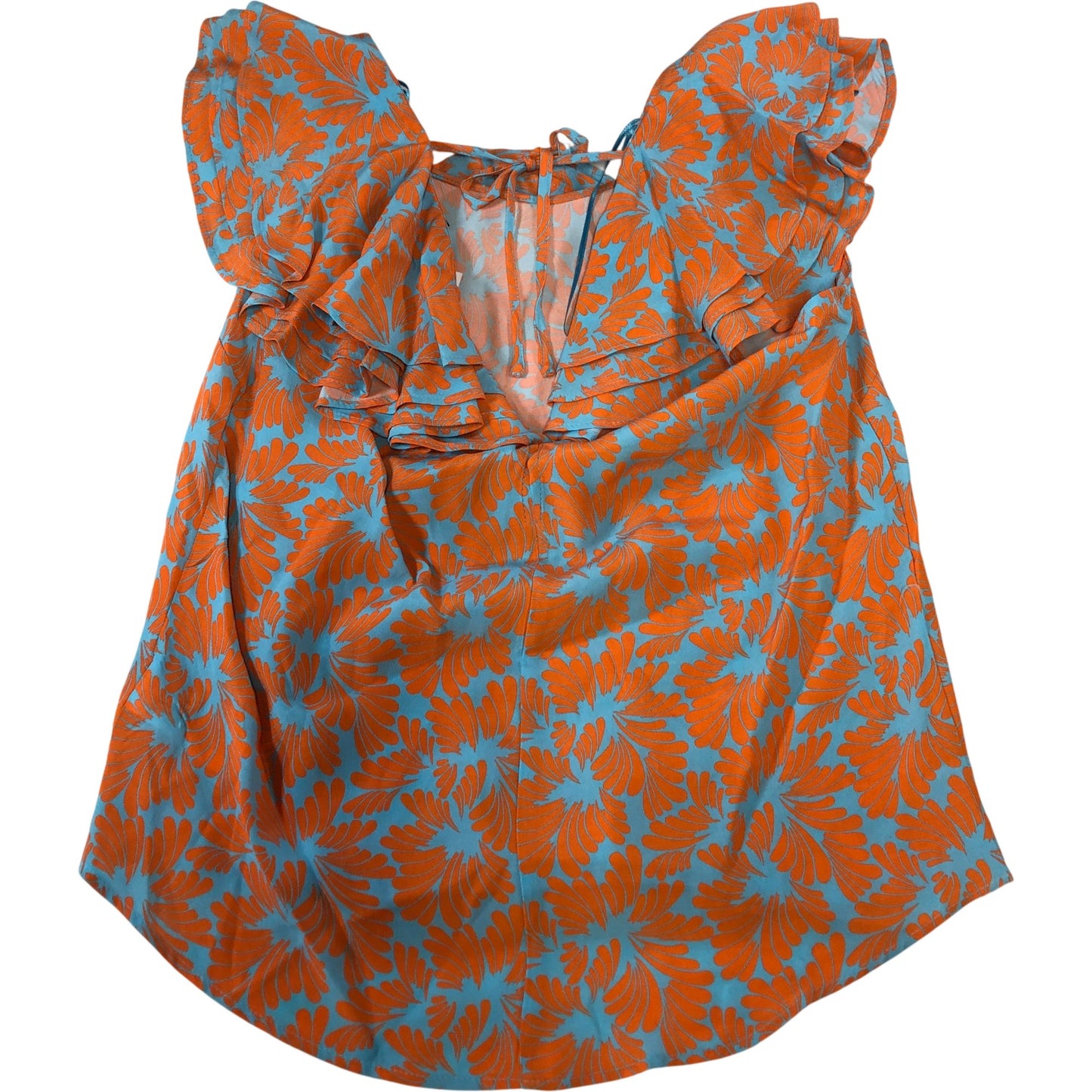 Floral Design Blouse Women's Short Sleeve Ruffle Blue Orange UK6