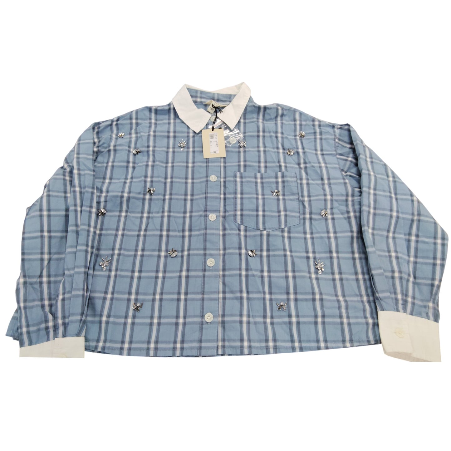 River Island Checked Blue Shirt Women Size 12 Embellished Long Sleeve