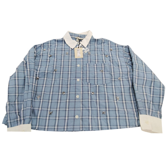 River Island Checked Blue Shirt Women Size 12 Embellished Long Sleeve