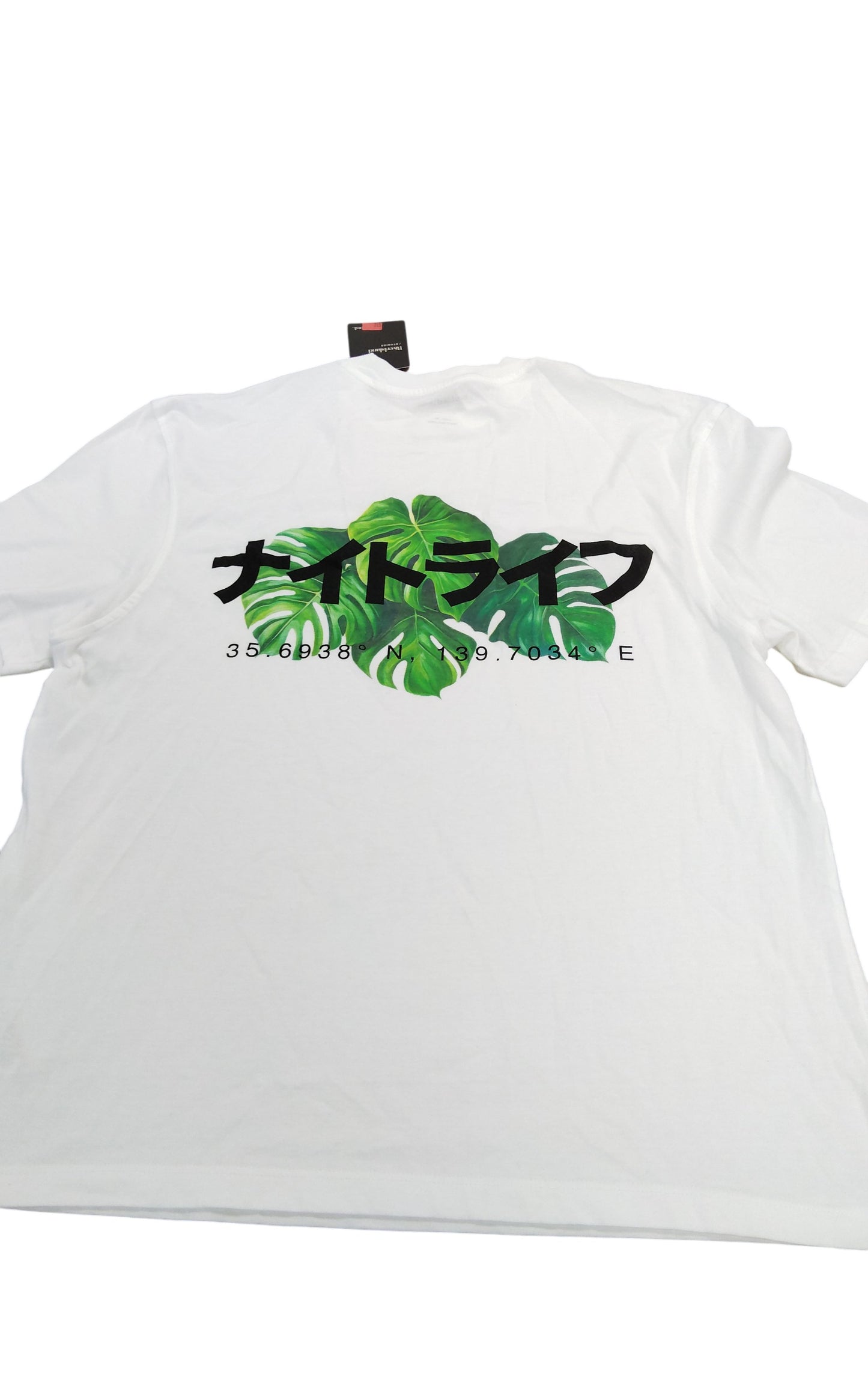 River Island Studios Men's White T-Shirt Size XL with Green Leaf Print Design