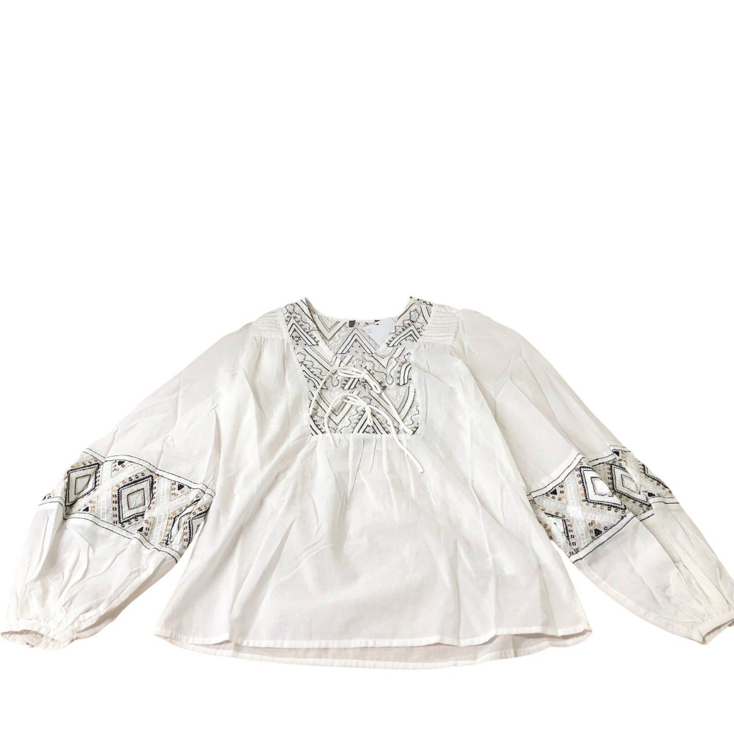 Branded Embroidered Blouse Women's White Long Sleeve Cotton Top UK6