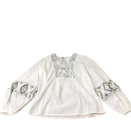 Branded Embroidered Blouse Women's White Long Sleeve Cotton Top UK6