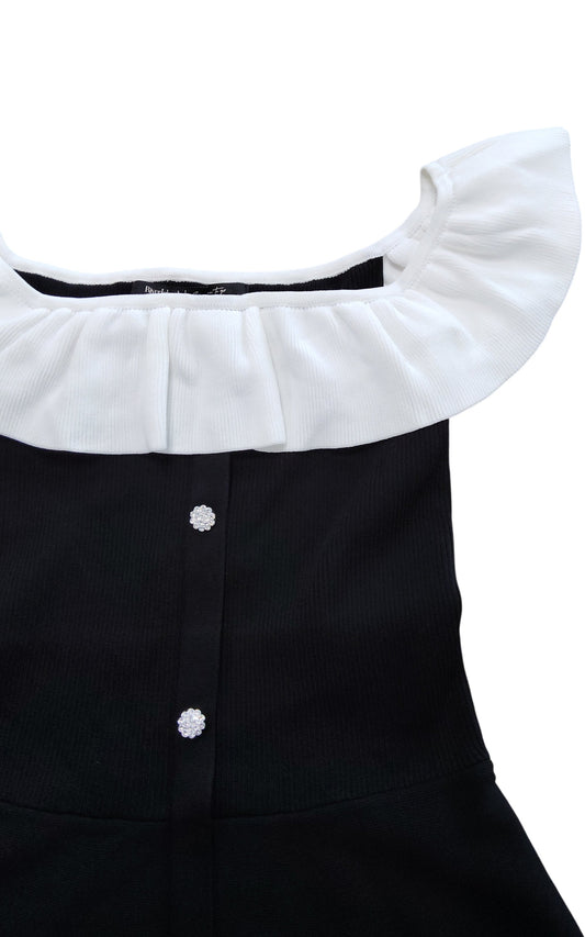 River Island Women's Black Top Size S With White Ruffled Neckline