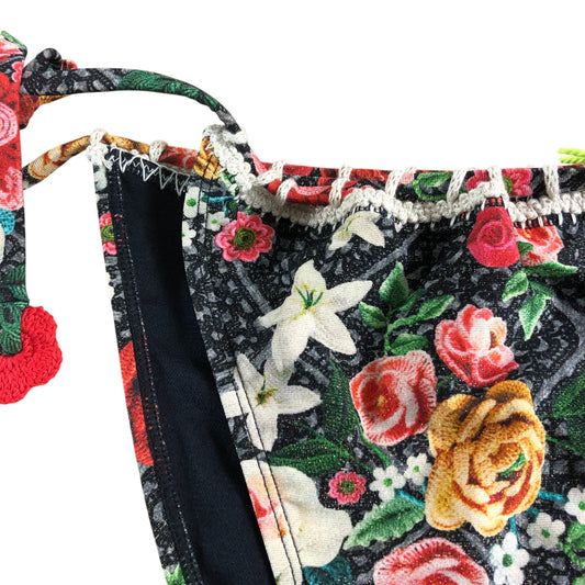 River Island UK12 Women's Black Roses Swim Briefs Black Embroidered Bow Tie Side