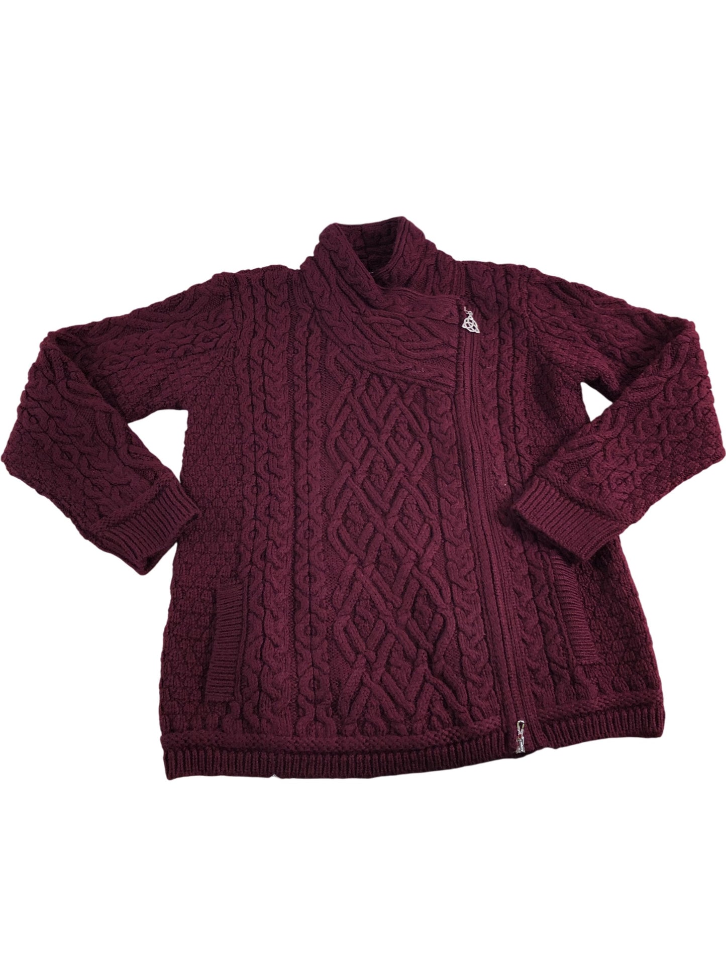 SAOL Ireland Ladies Side Zip Cardigan Merlot Cable Knit Large