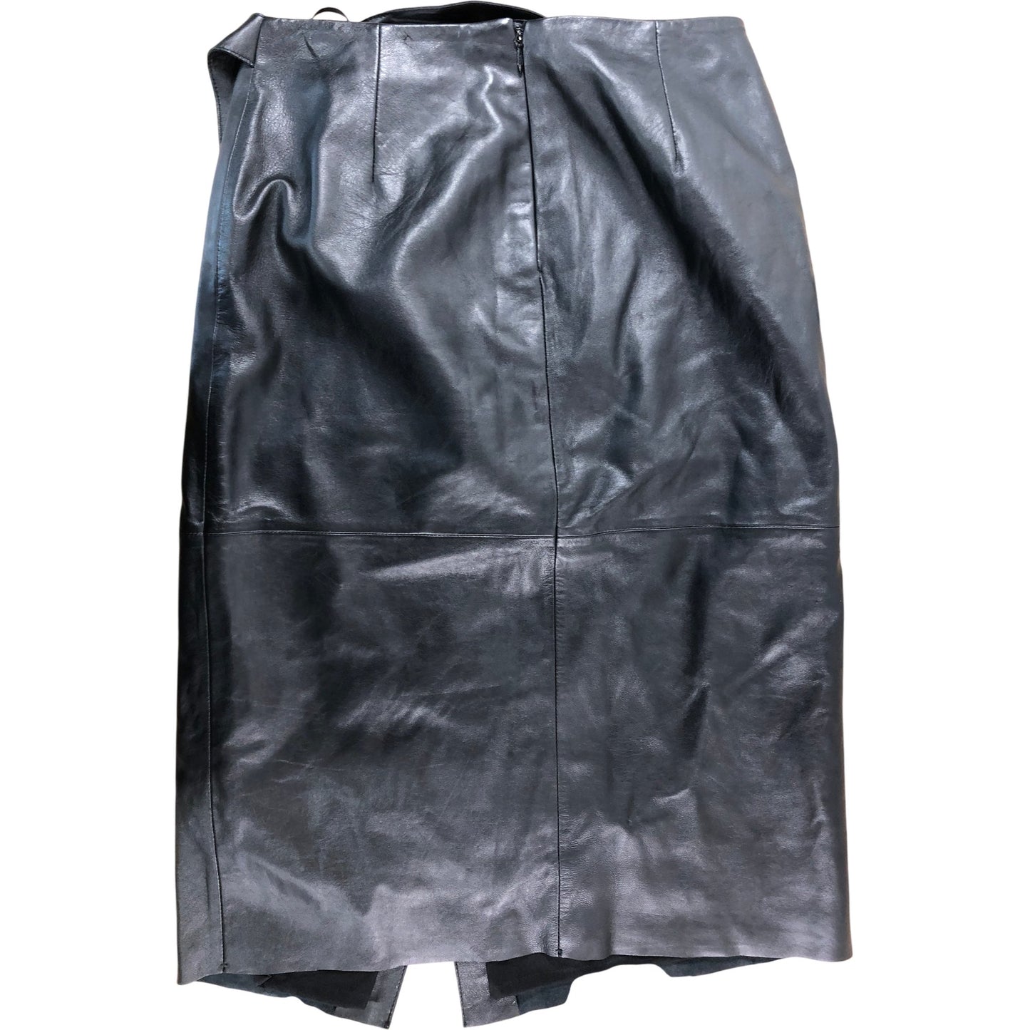 Black Leather Skirt UK16 Women's A Line Style With Belt Retro Fashion