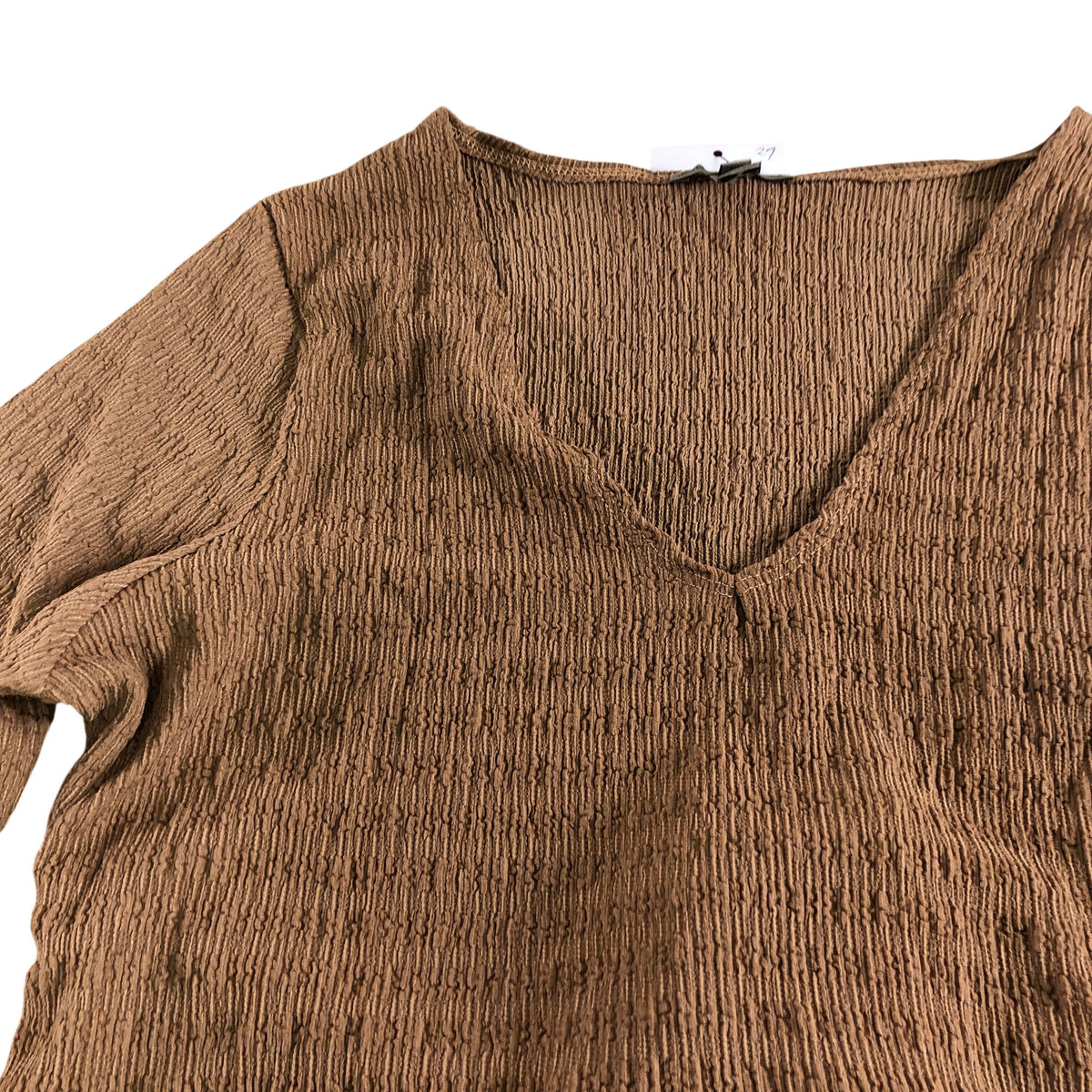 River Island Women's Top UK Large Brown V Neck Long Sleeve Textured Blouse