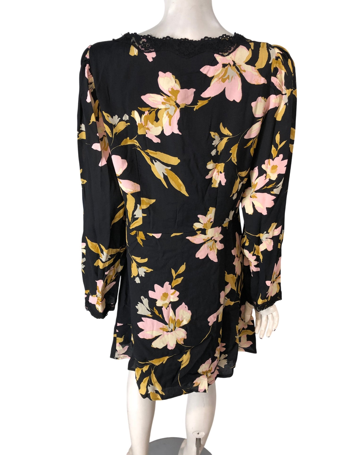 RIVER ISLAND Floral Mini Dress UK14 Women's Long Sleeve Lace Detail Black