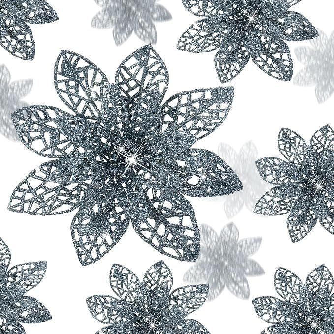 Glitter Poinsettia Christmas Ornaments Silver 3/4/6" 24 Piece Bundle