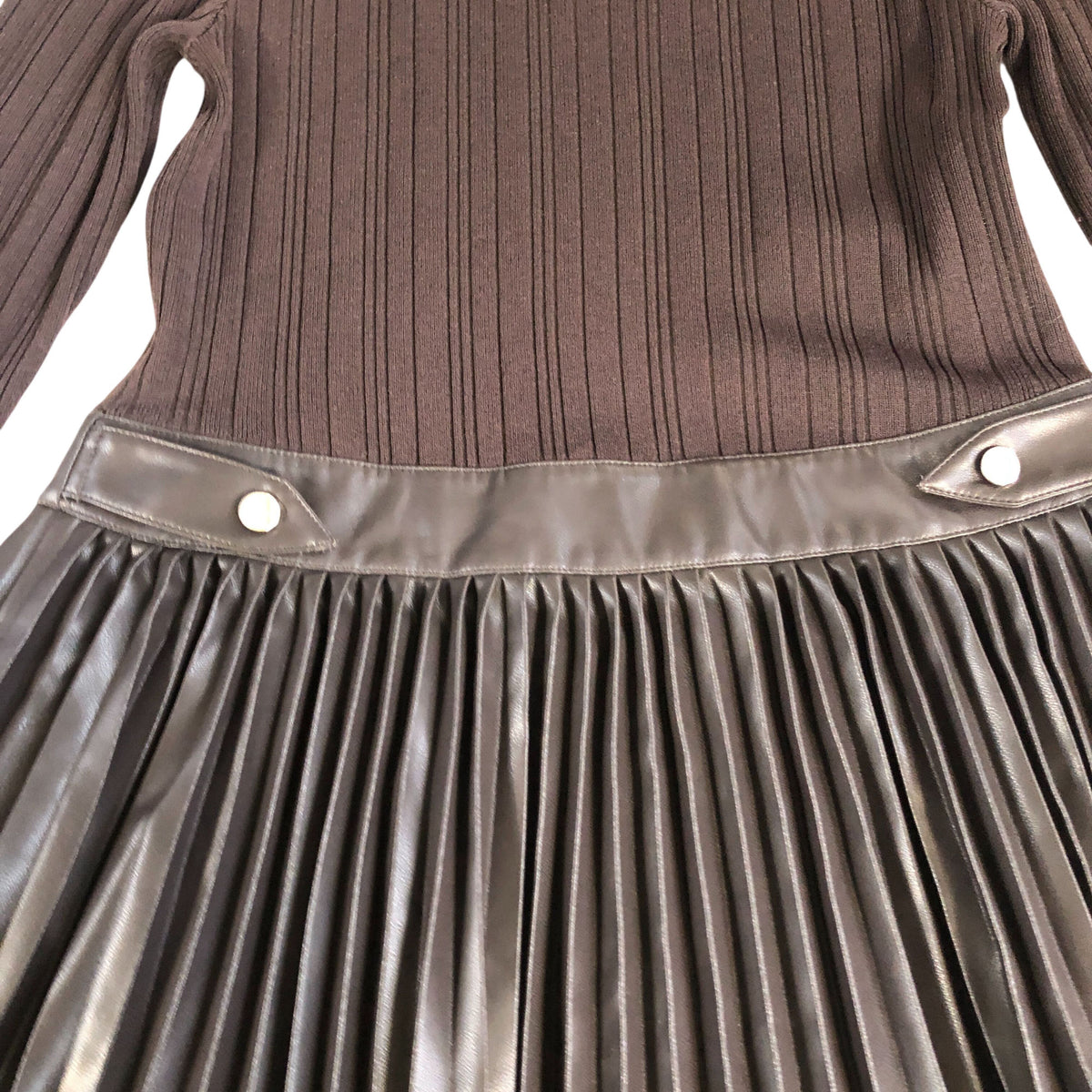 River Island Women's Knitted Hybrid Faux Leather Brown Pleated Dress Medium