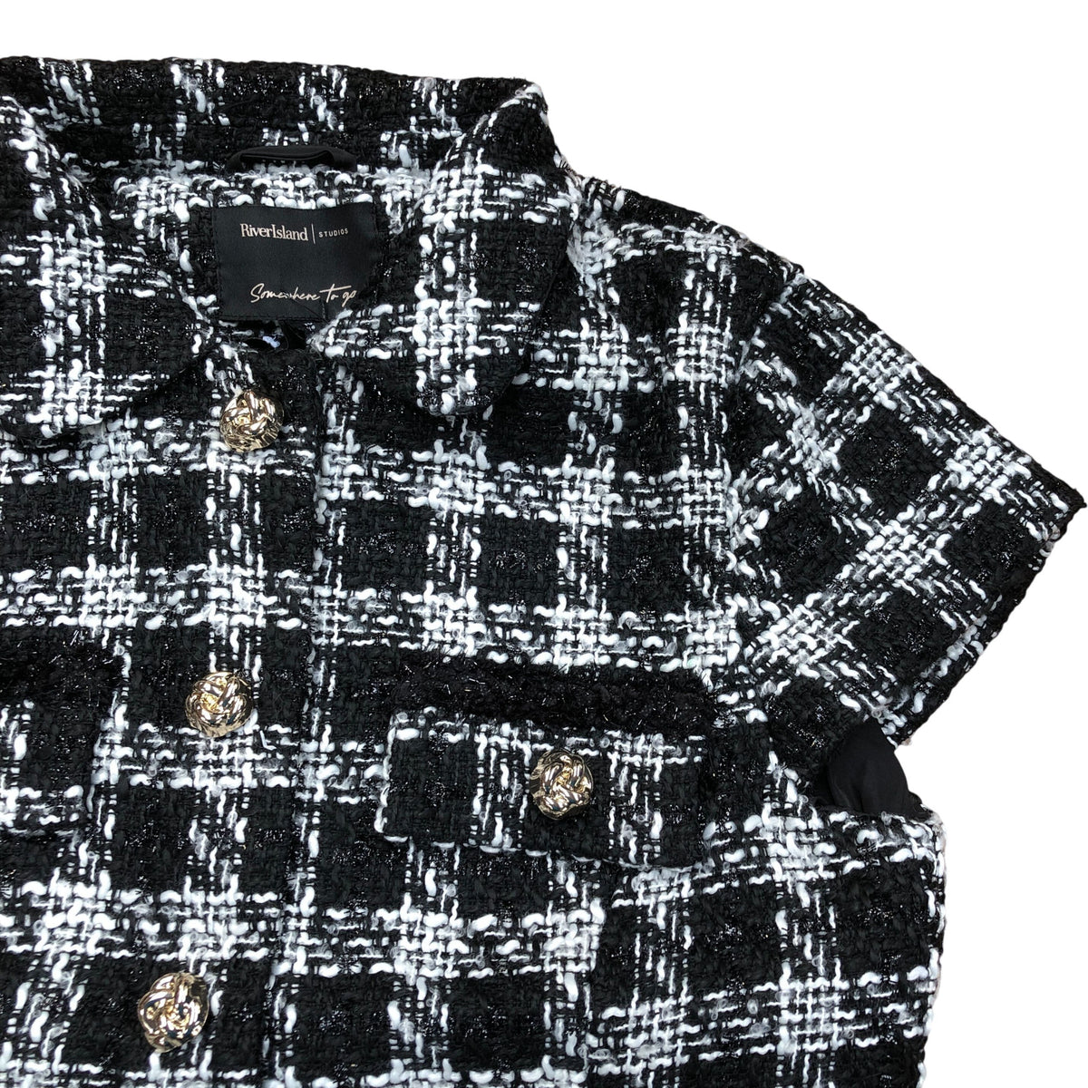 River Island Black White Checked Dress With Faux Fur Trim