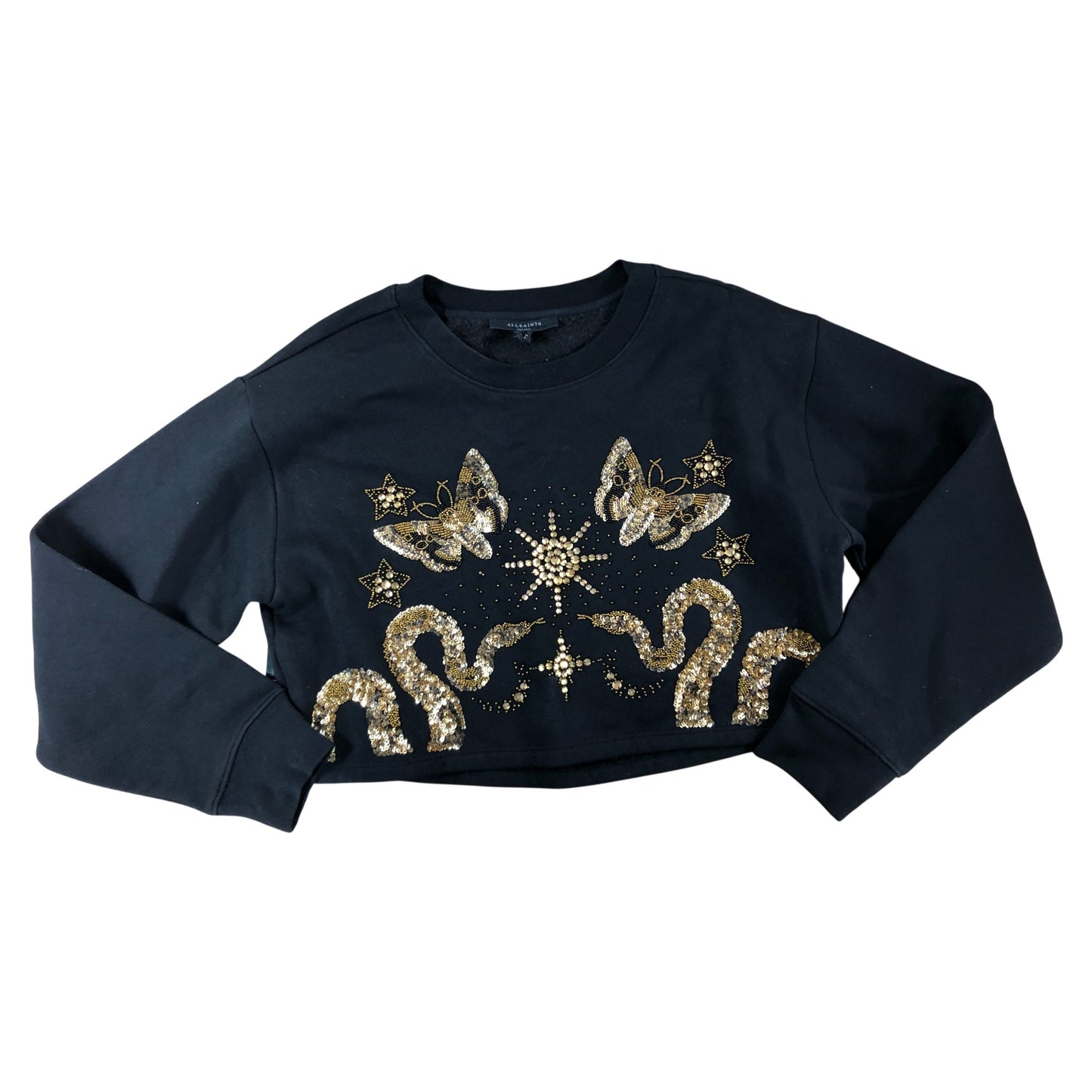 AllSaints Small Women's Black Cropped Sweatshirt Sequin Detail Butterfly Snake