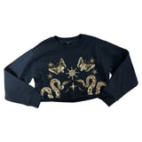 AllSaints Small Women's Black Cropped Sweatshirt Sequin Detail Butterfly Snake