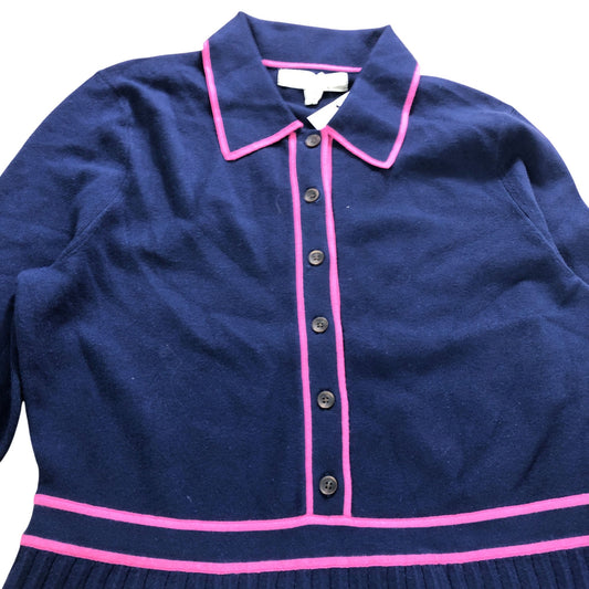 UK12 Women's Long Sleeve Dress Navy Pink Striped Pleated