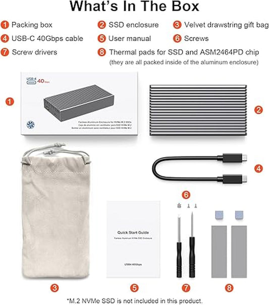 Qwiizlab M2 NVMe SSD Enclosure USB4 40Gbps Aluminium Cooling Case Adapter