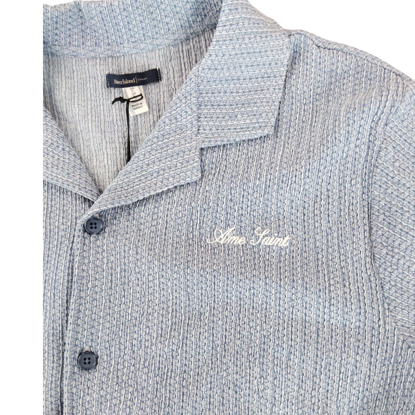 River Island Mens Polo Shirt Size L Blue Check Pattern Short Sleeve