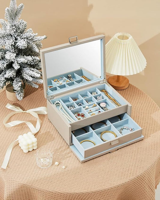 Vee&Co Jewellery Organiser Grey And Blue 2 Layers With Mirror