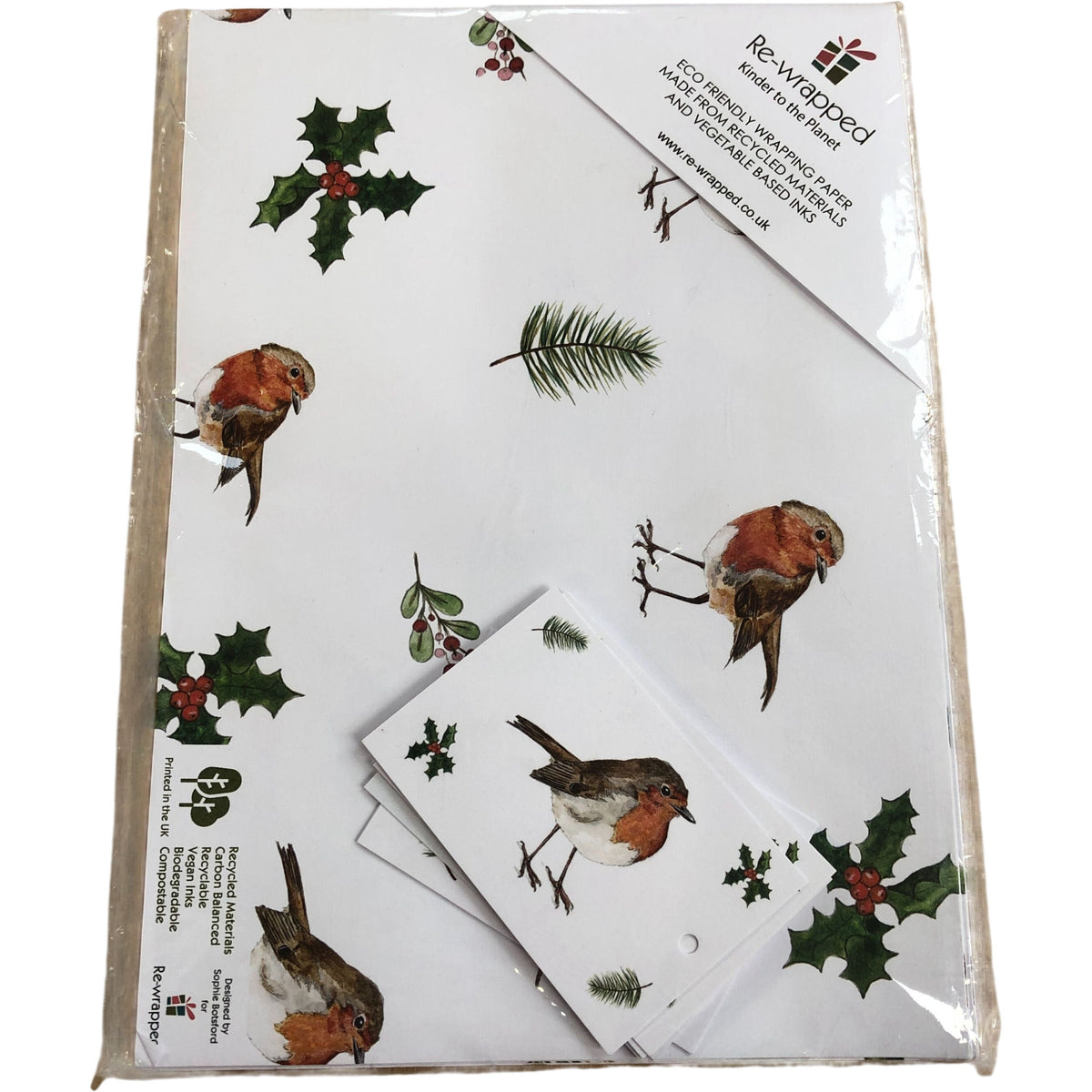Eco Friendly Robin & Holly Gift Wrapping Paper Christmas 10 Sheets