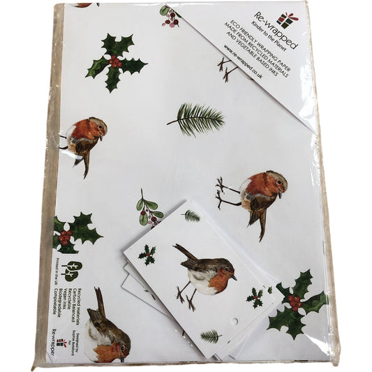 Eco Friendly Robin & Holly Gift Wrapping Paper Christmas 10 Sheets
