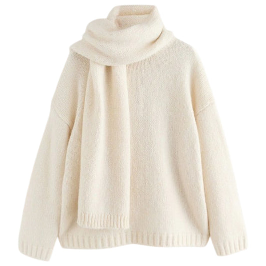 Women's Cream Sweater Size Small Knit Wool Blend With Scarf