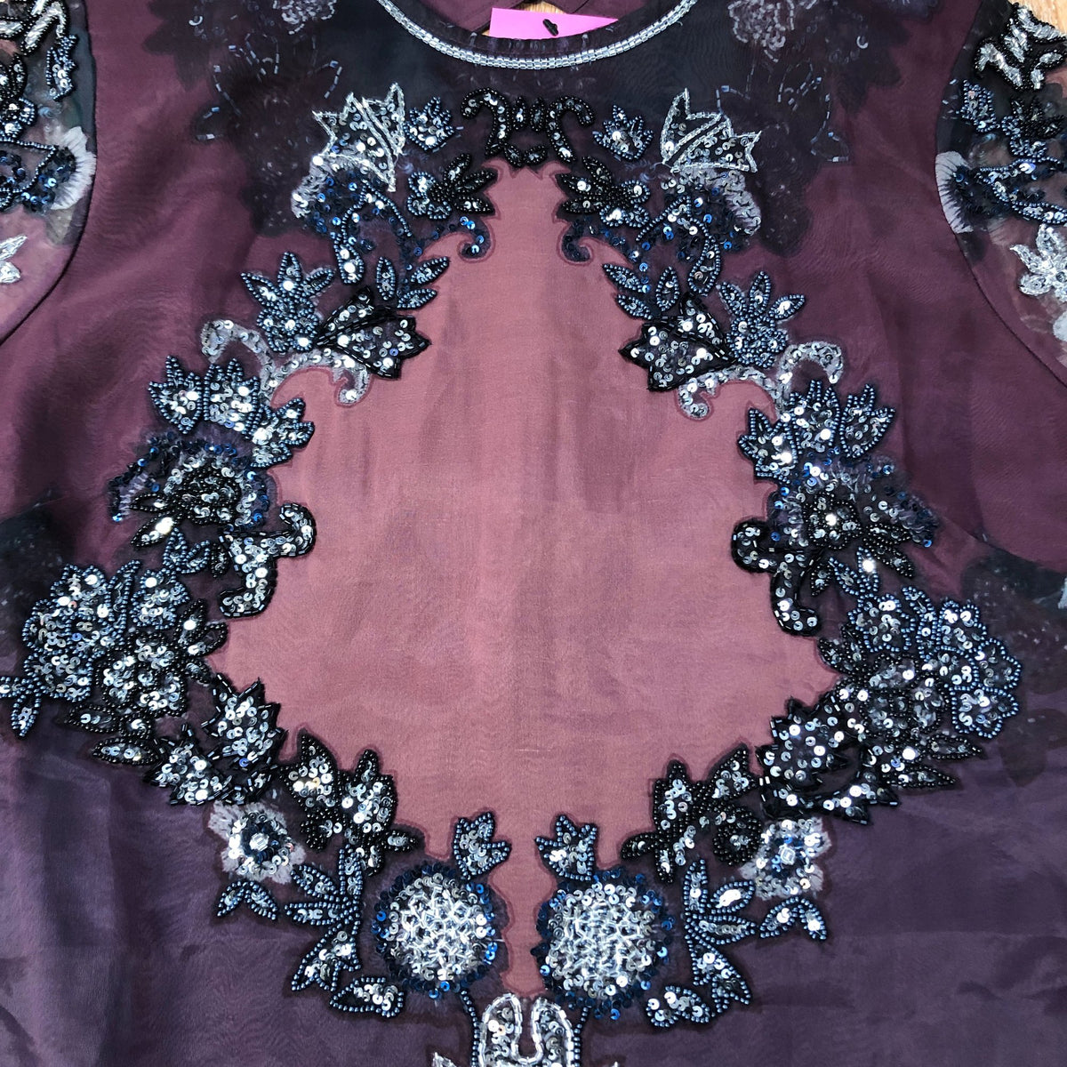River Island Women's Beaded Dress Size UK12 Purple Sheer Short Sleeve Party Wear