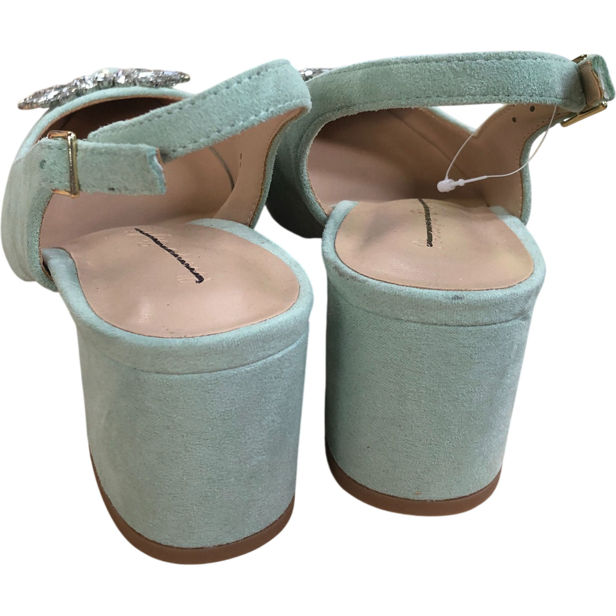 Pointed Toe Dusty Blue Suede Slingback Heels Crystal Detail