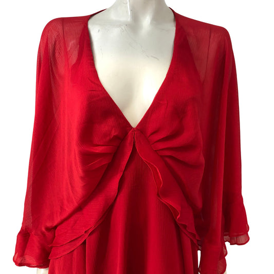 River Island Women's Red Chiffon Dress UK18 Flowy Wrap Style V Neck