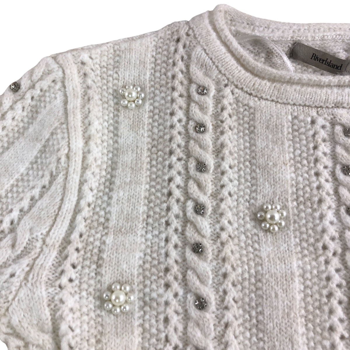 River Island Chunky Knit Sweater Size XS Women's Cream Pearl Detail Layered