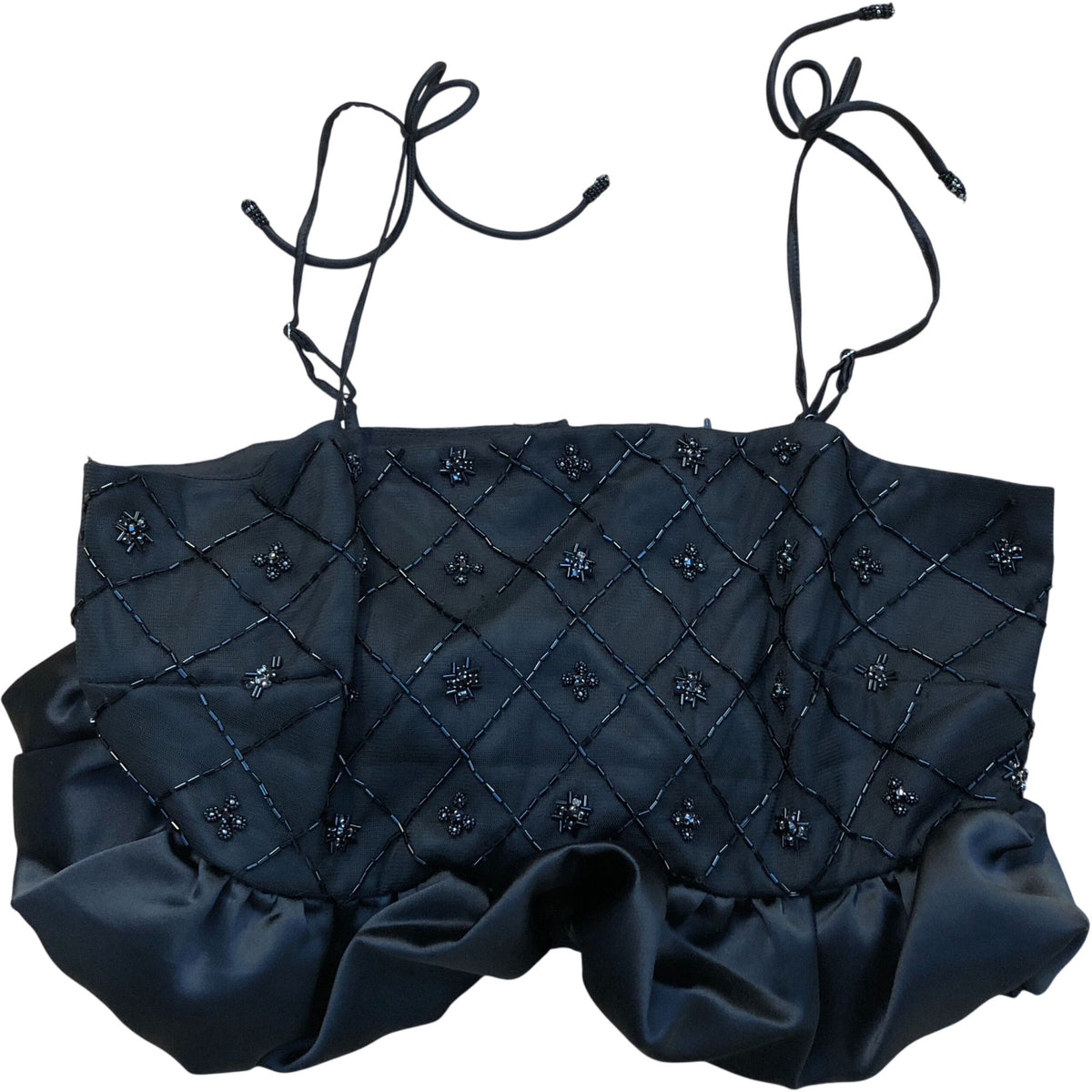 River Island Beaded Crop Top Black Quilted Design Ruffled Hem