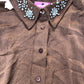 Brown Blouse UK22 Women's Embellished Collar 100% Polyester Top