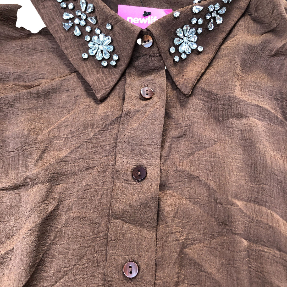 Brown Blouse UK22 Women's Embellished Collar 100% Polyester Top
