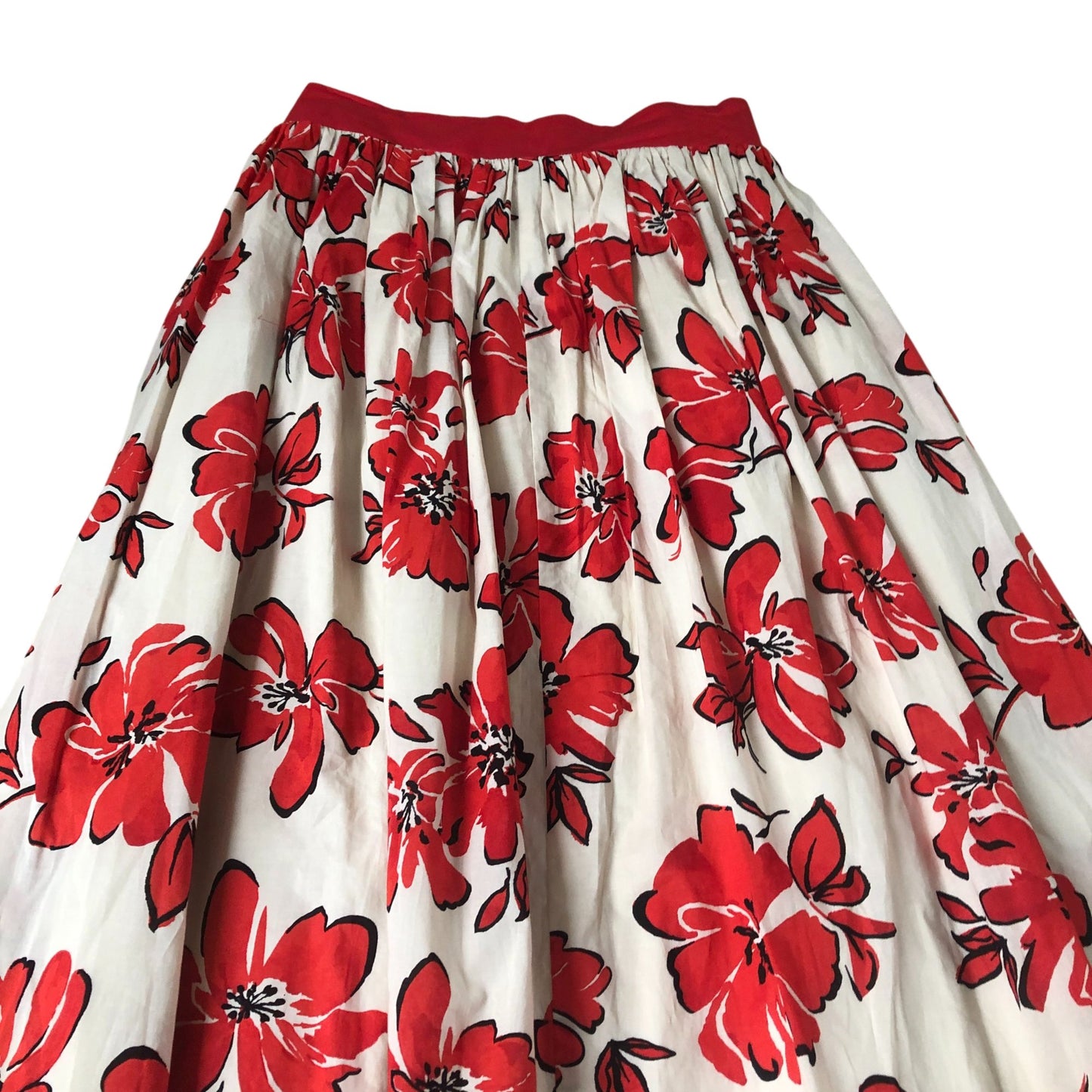 Floral Midi Skirt Women's Red White Cotton Flared Style UK8