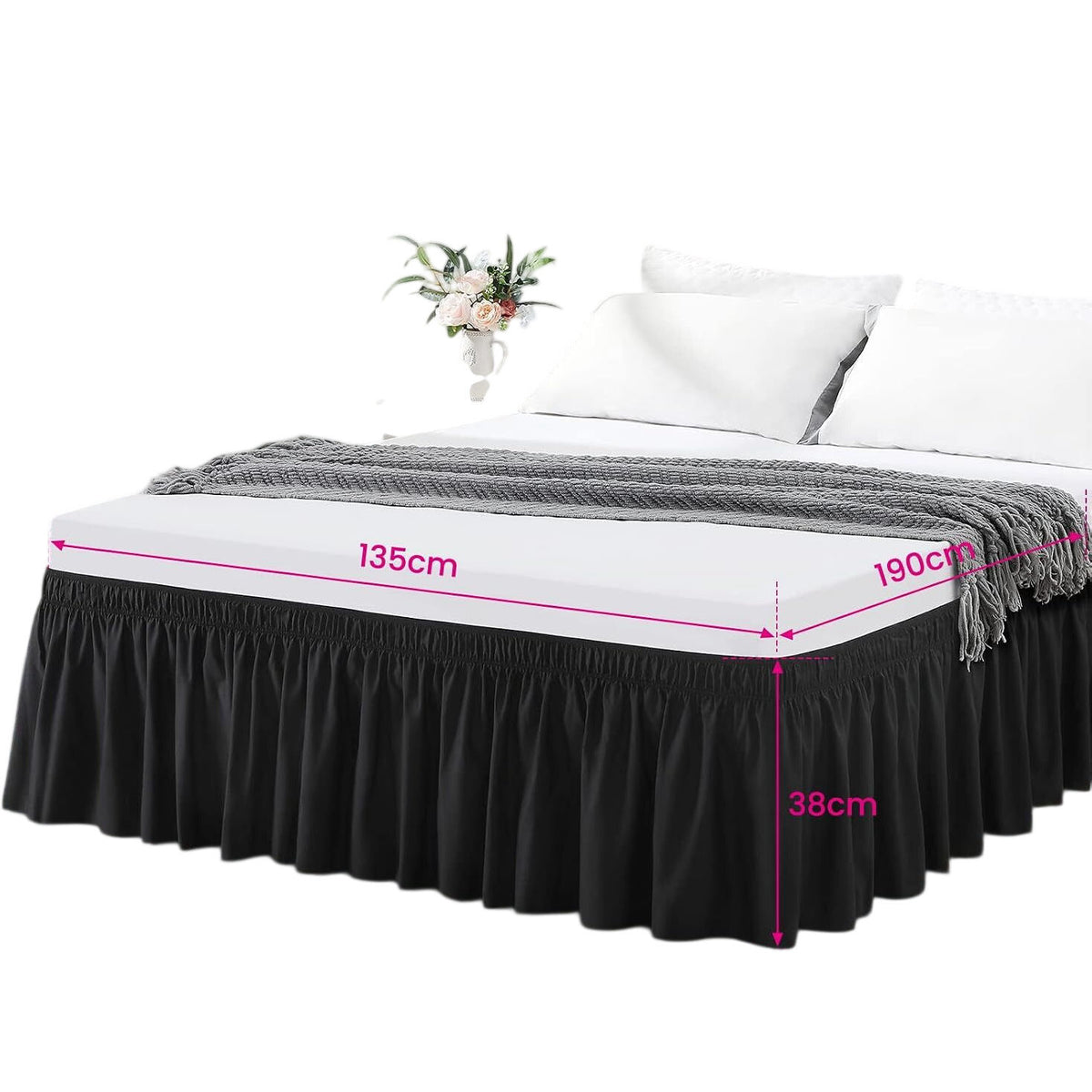 Rimela Black Bed Valance Double 135cm x 190cm 38cm Drop New Bedding Decoration