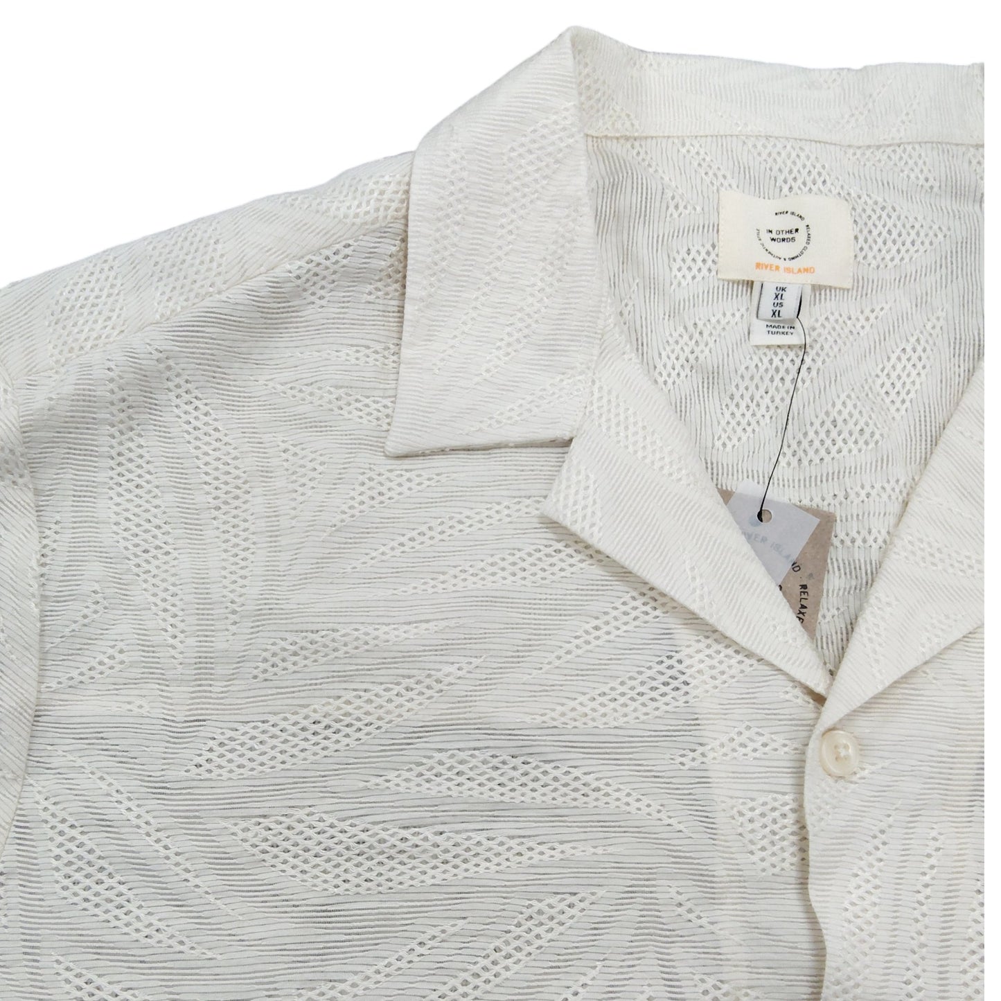 River Island Men's XL Short Sleeve Shirt Relaxed Fit Cream Leaf Pattern Top