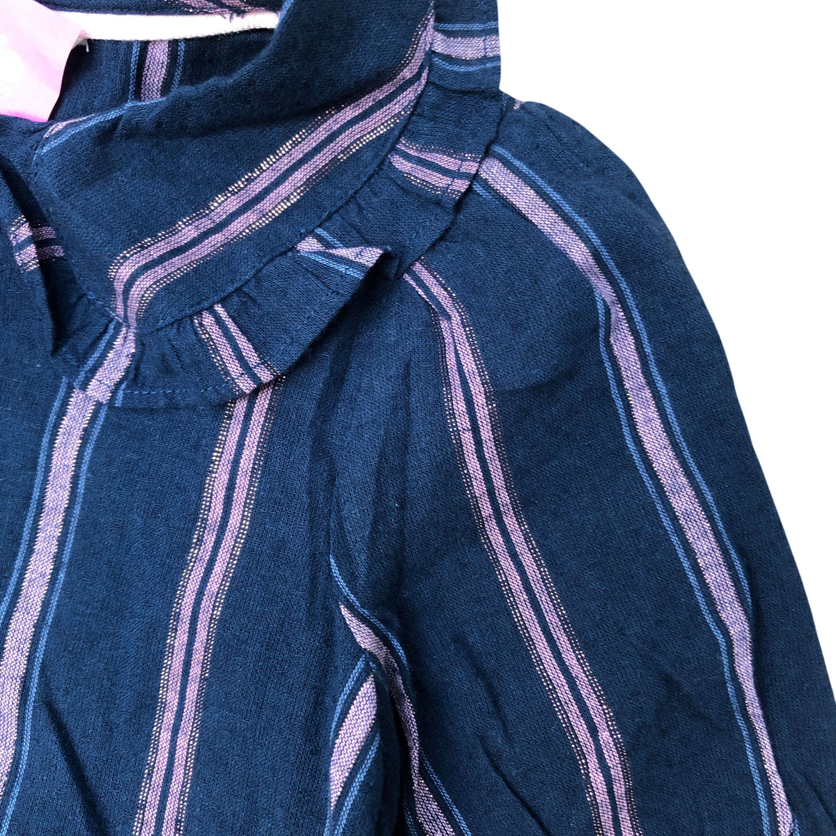 Striped Blouse Girls Cotton Blend Navy Pink Ruffle Detail
